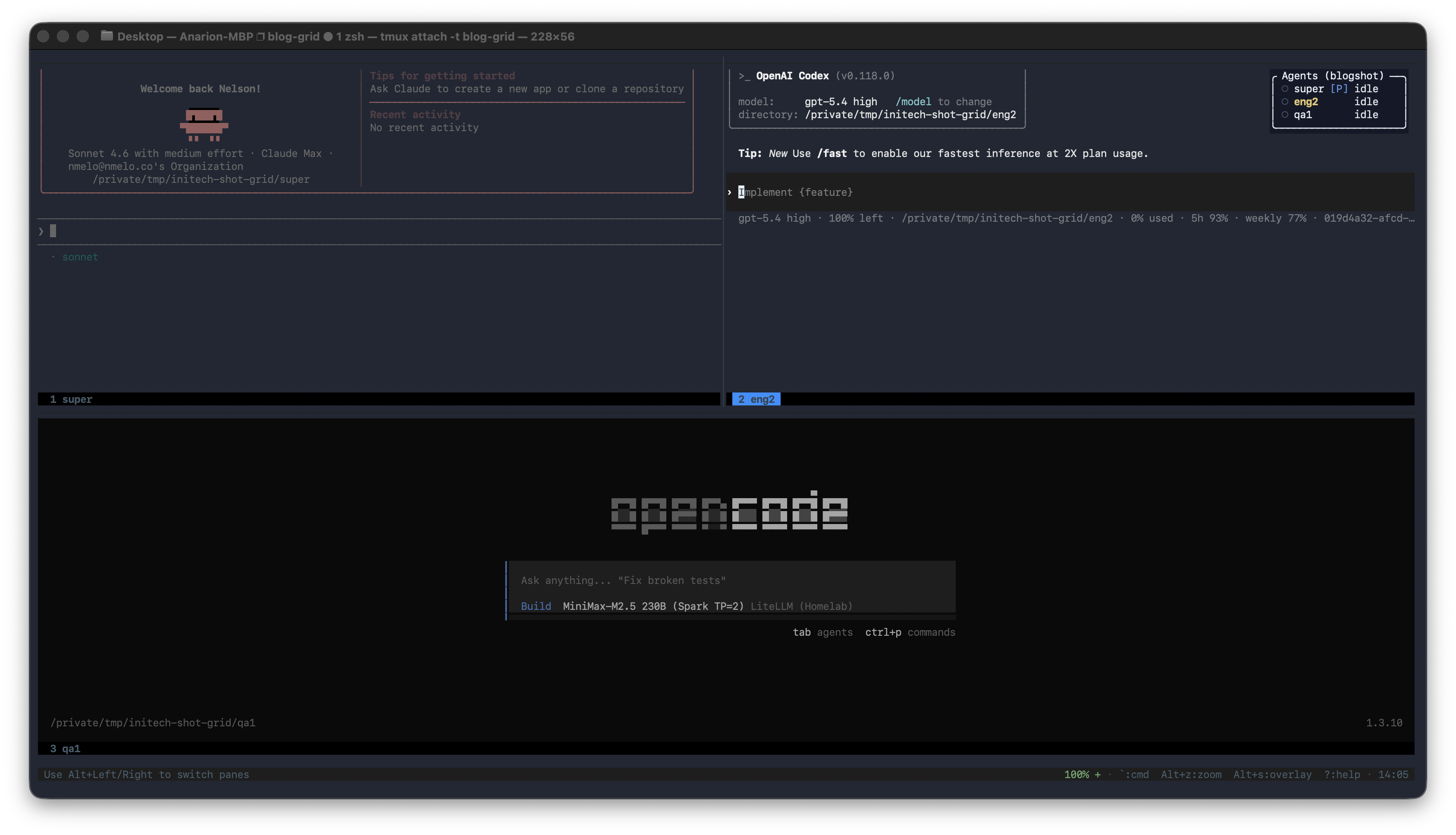initech grid showing Claude Code, Codex, and OpenCode panes side by side